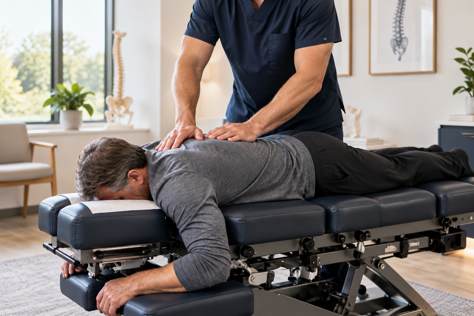 Chiropractic physician providing hands-on treatment to an adult patient in a modern clinical setting.