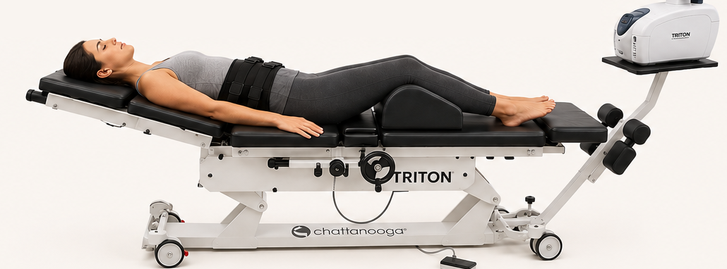 Non-surgical spinal decompression table and disc-pressure illustration