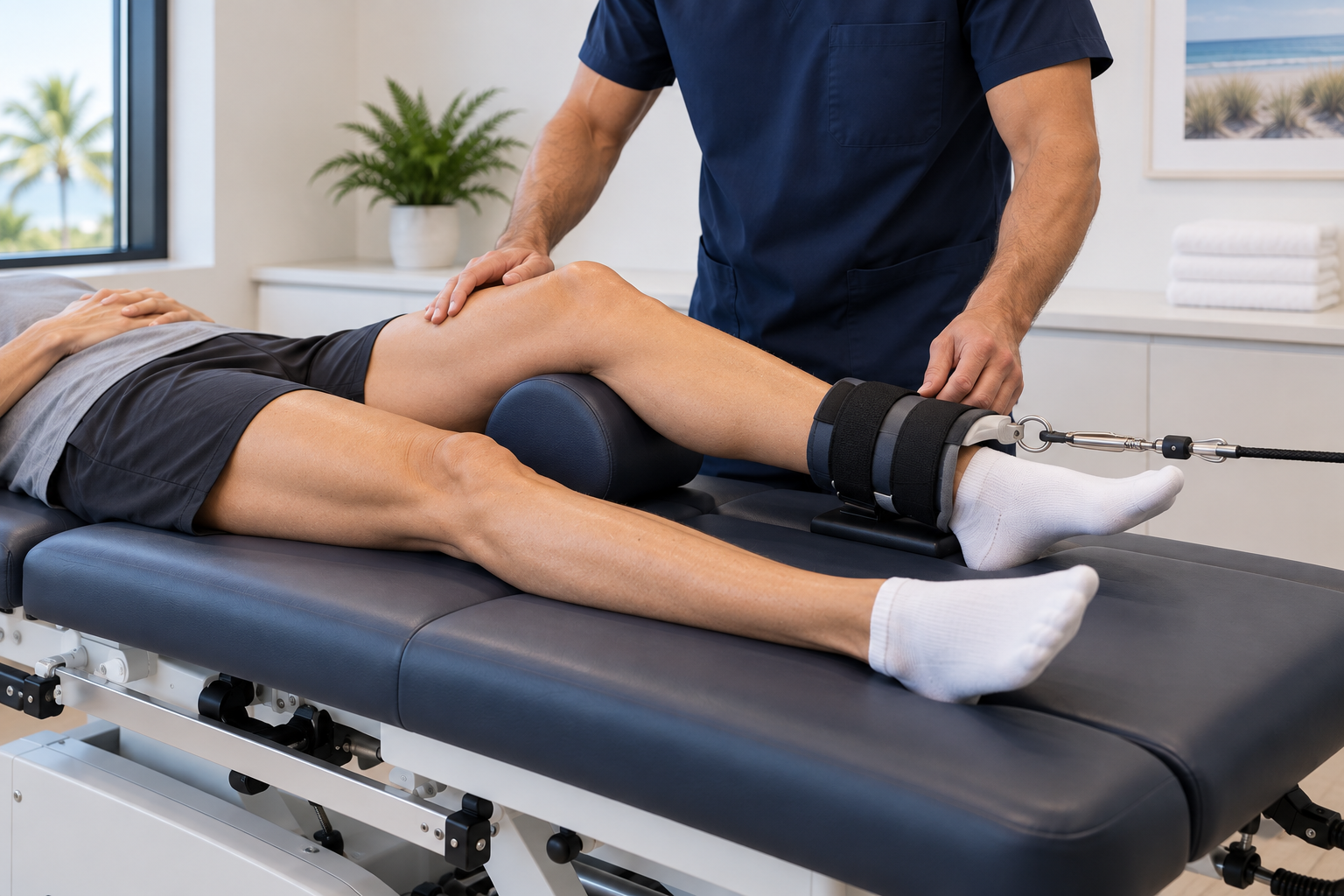Patient receiving controlled mechanical knee traction with the knee supported and traction applied through an ankle harness.