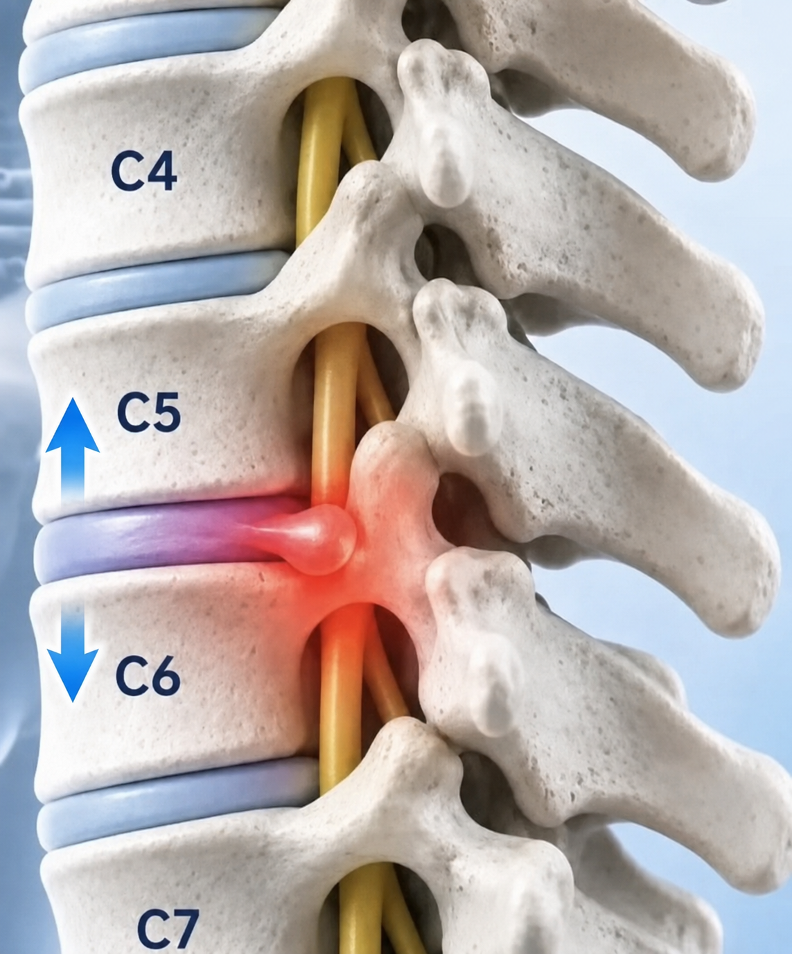 Cervical spine anatomy showing C4 through C7 vertebrae, blue spinal discs, yellow nerve roots, a red irritated bulging disc at the C5–C6 level, and blue arrows indicating decompression of the segment