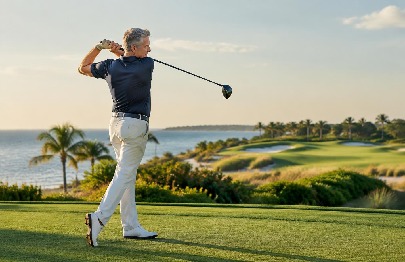 Active mature adult making a golf swing on a coastal course