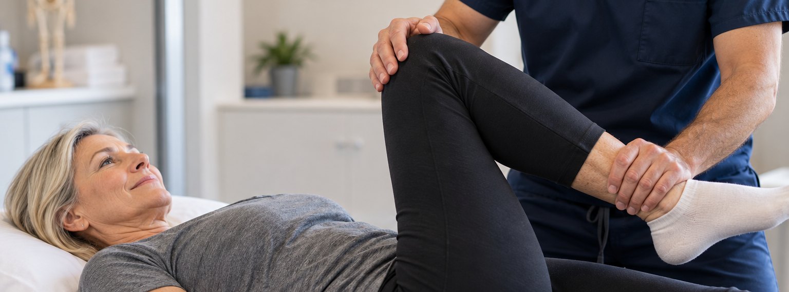 Clinician guiding a patient through a stretch on a treatment table in a private rehabilitation setting.